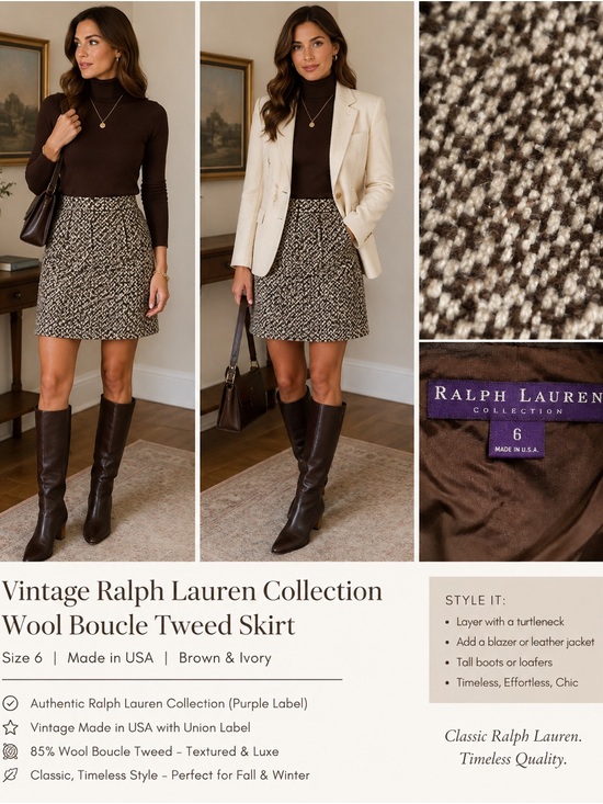 Ralph Lauren Purple Label Dresses & Skirts - Vintage Ralph Lauren Collection Wool Boucle Tweed Skirt Brown Ivory USA